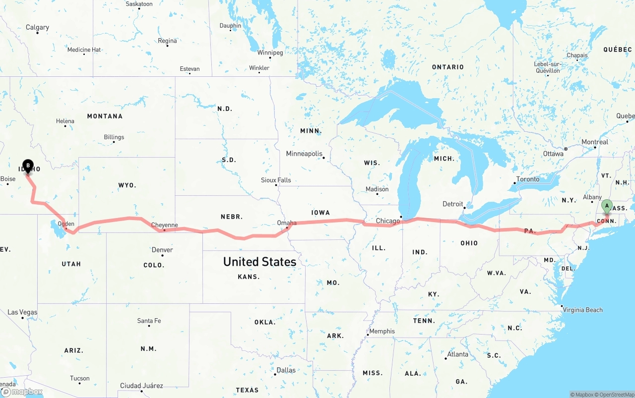 Shipping route from Bradley International Airport to Idaho
