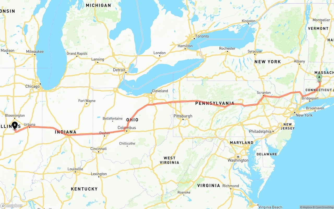 Shipping route from Bradley International Airport to Illinois