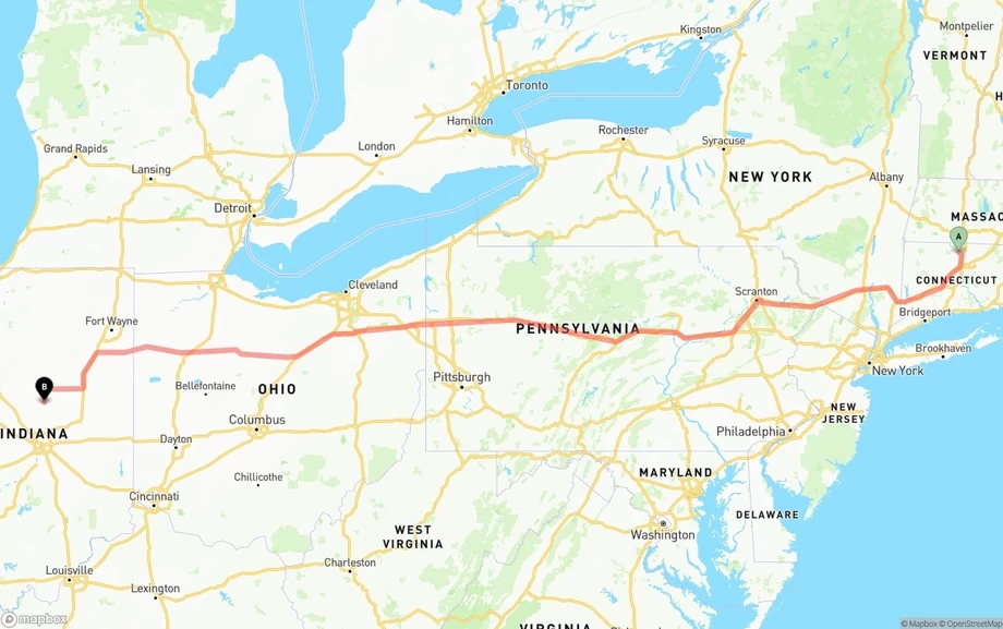 Bradley International Airport to Indiana freight shipping route map