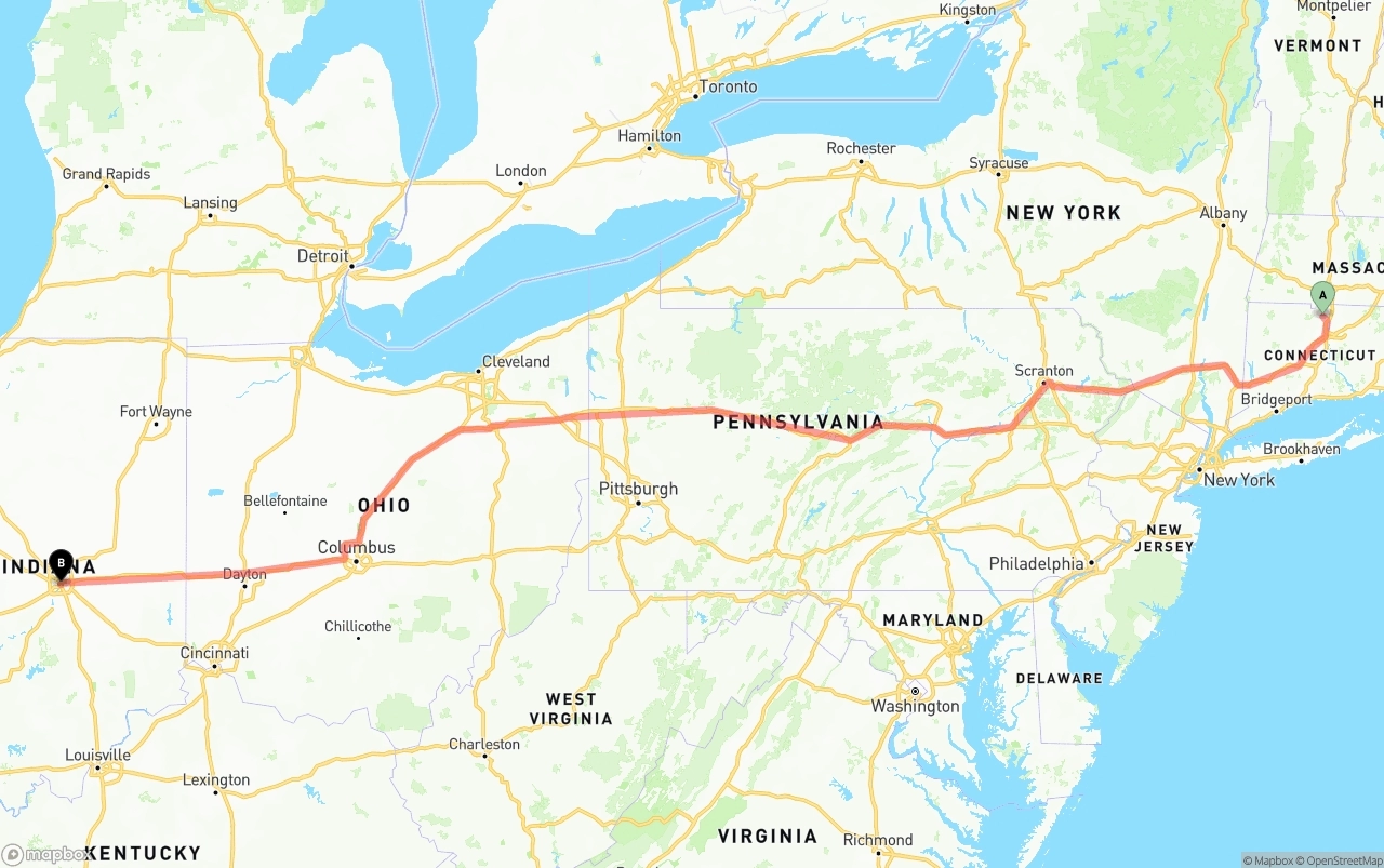 Shipping route from Bradley International Airport to Indianapolis