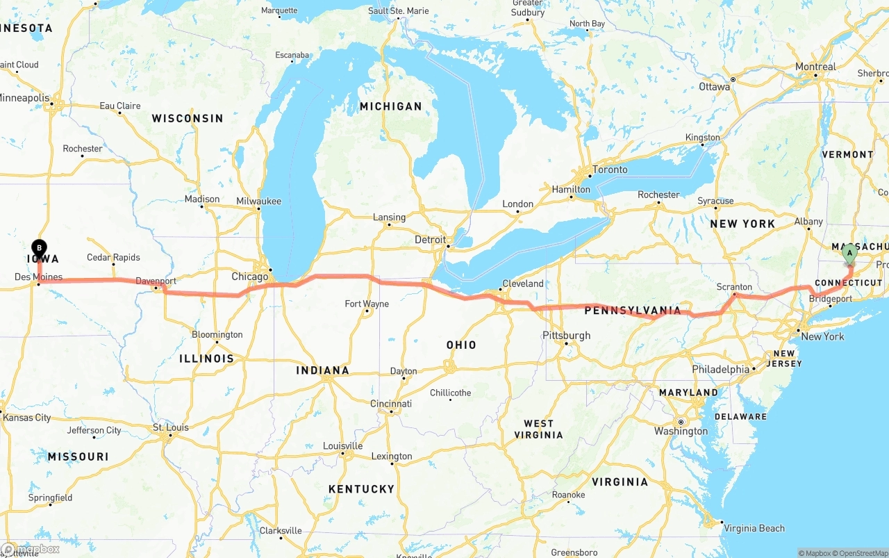 Shipping route from Bradley International Airport to Iowa