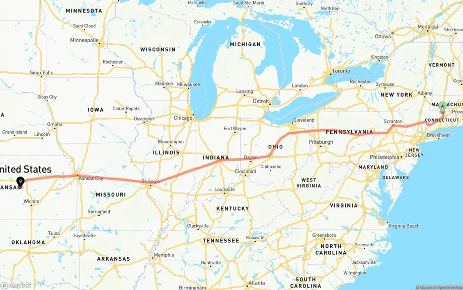 Bradley International Airport to Kansas freight shipping route map
