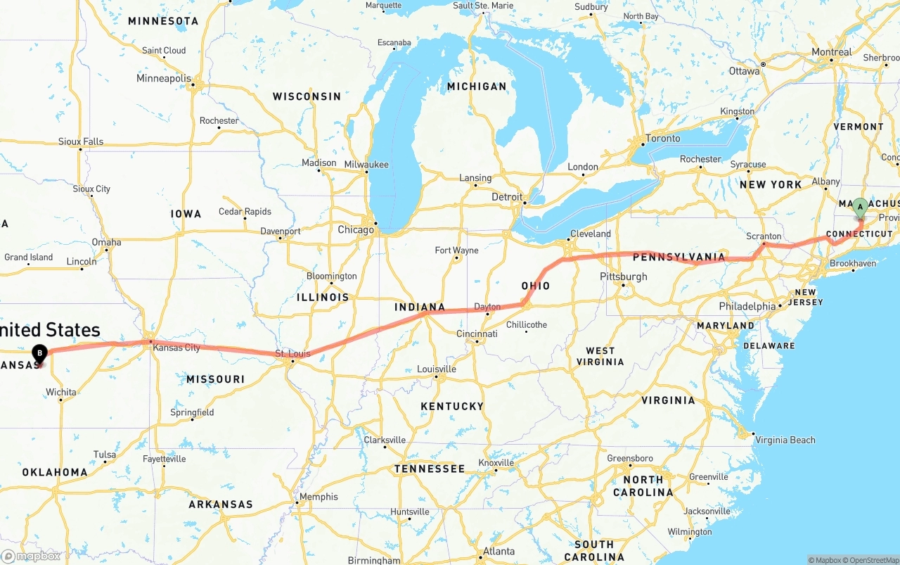 Shipping route from Bradley International Airport to Kansas