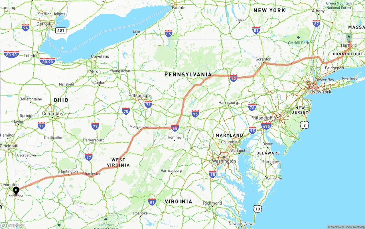 Shipping route from Bradley International Airport to Kentucky