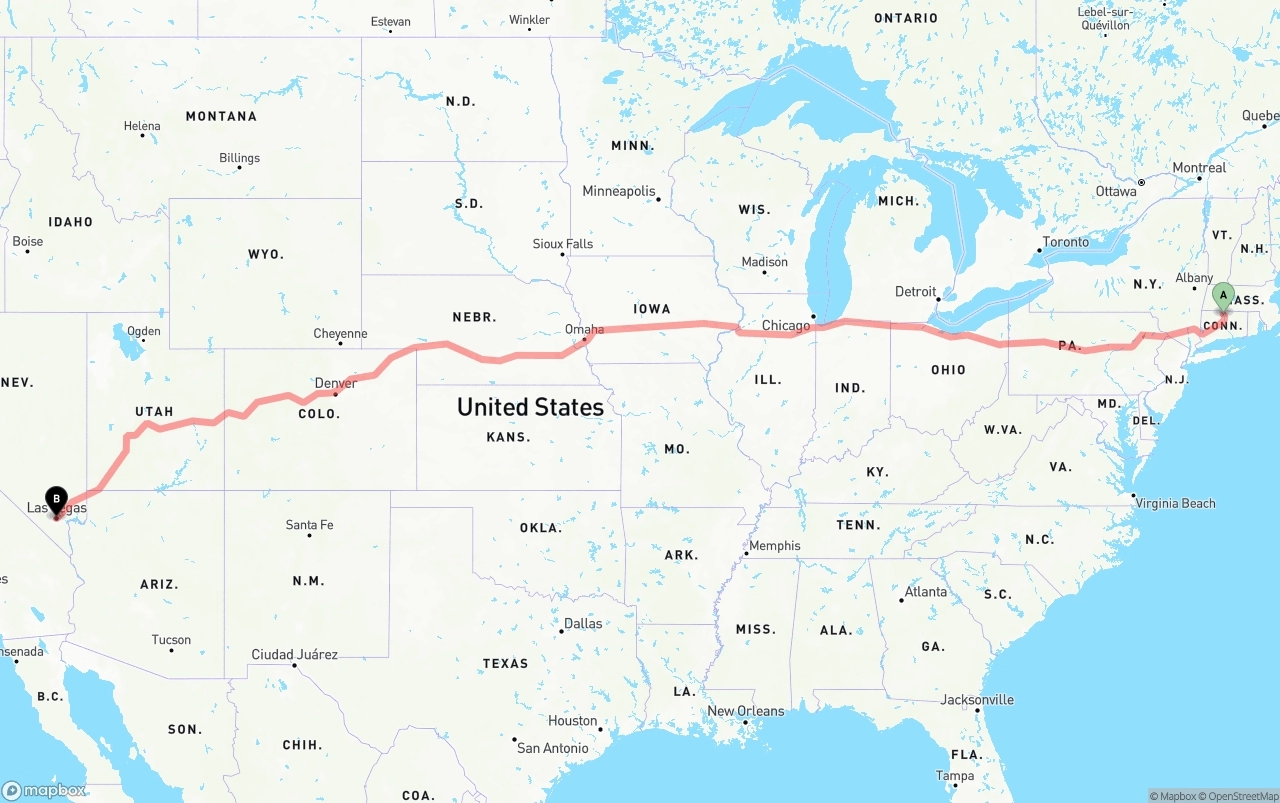 Shipping route from Bradley International Airport to Las Vegas