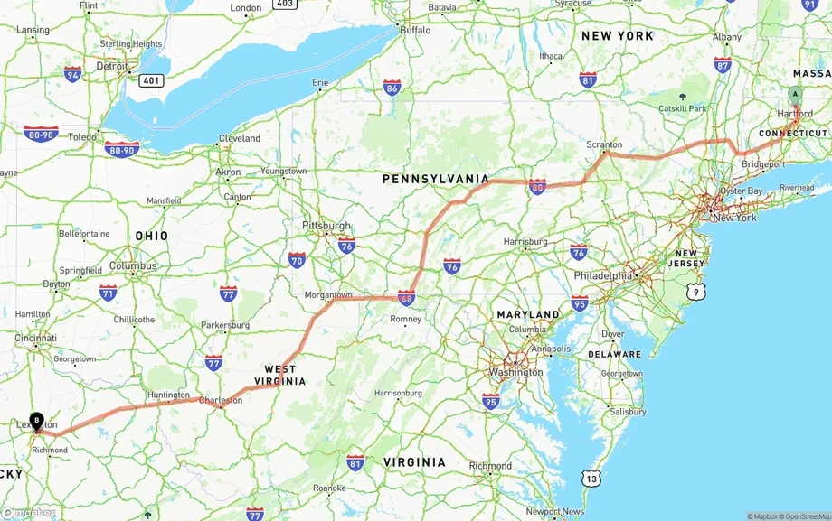 Bradley International Airport to Lexington freight shipping route map