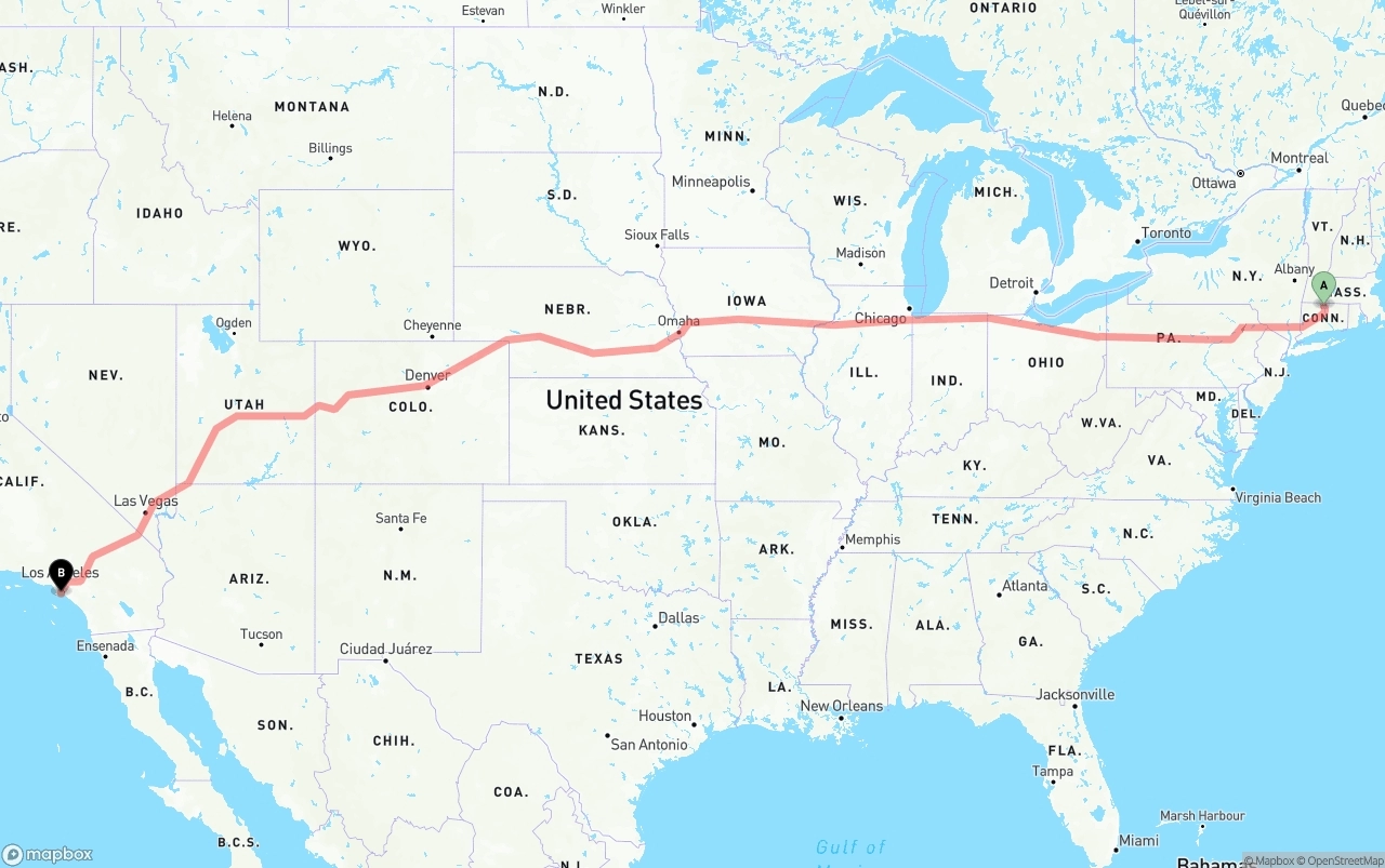 Shipping route from Bradley International Airport to Long Beach