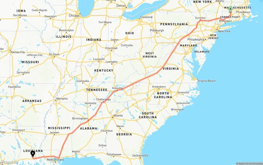 Bradley International Airport to Louisiana freight shipping route map