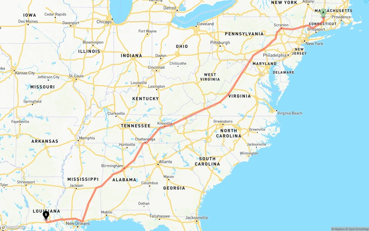 Shipping route from Bradley International Airport to Louisiana