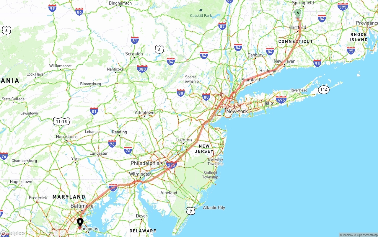 Shipping route from Bradley International Airport to Maryland