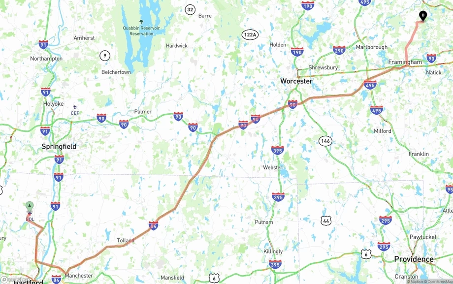 Bradley International Airport to Massachusetts freight shipping route map