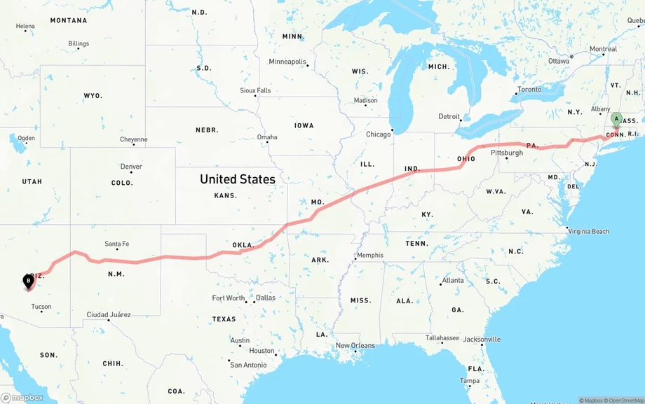 Bradley International Airport to Mesa freight shipping route map