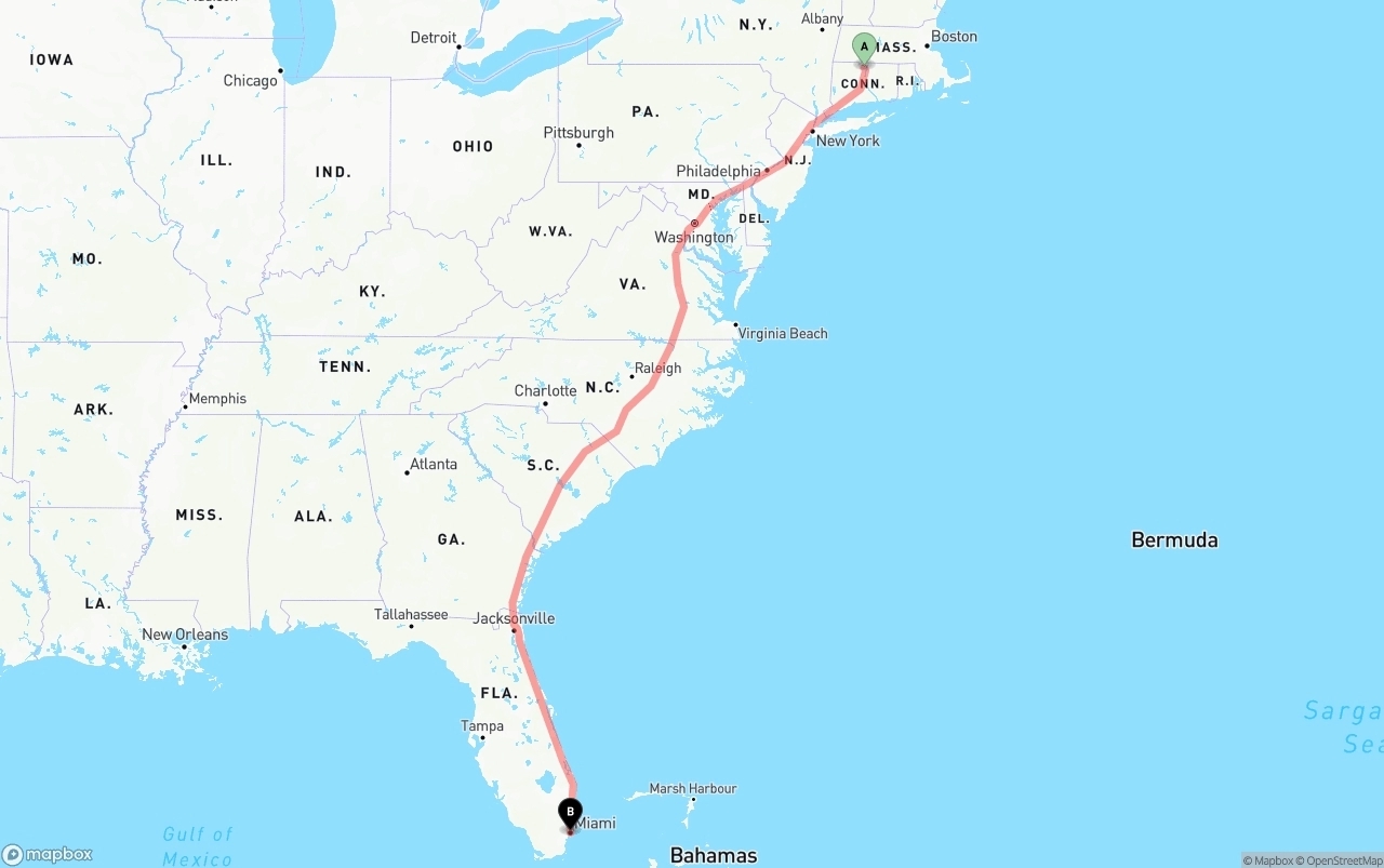Shipping route from Bradley International Airport to Miami