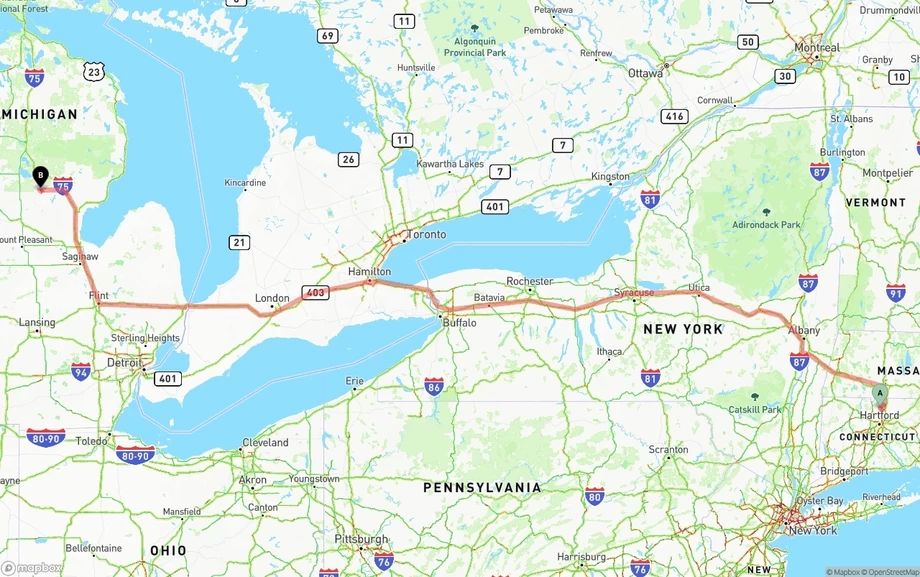 Bradley International Airport to Michigan freight shipping route map