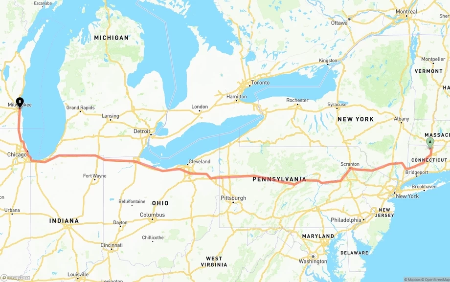 Bradley International Airport to Milwaukee freight shipping route map