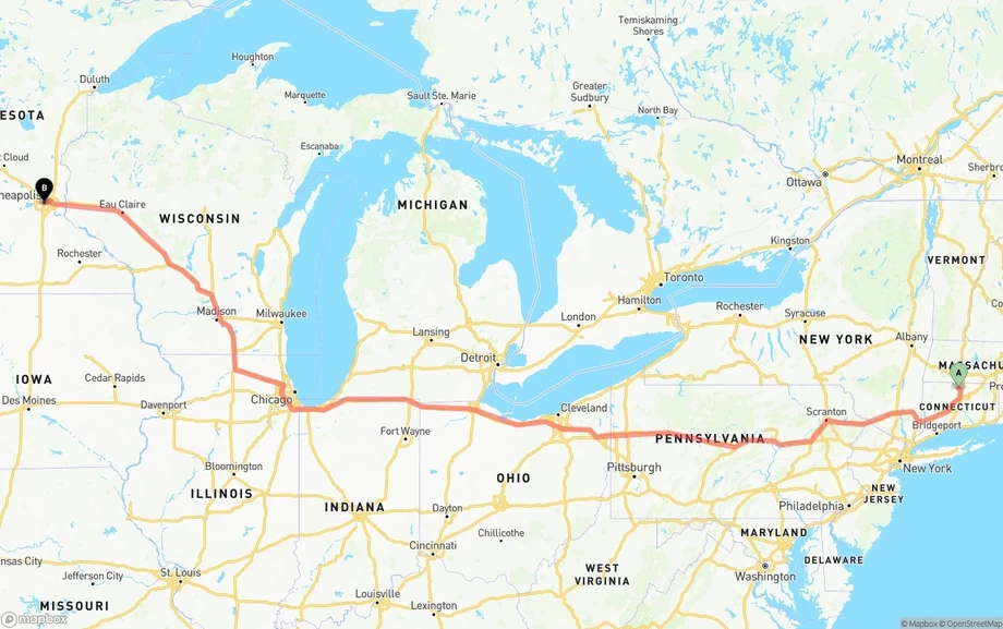 Bradley International Airport to Minneapolis freight shipping route map