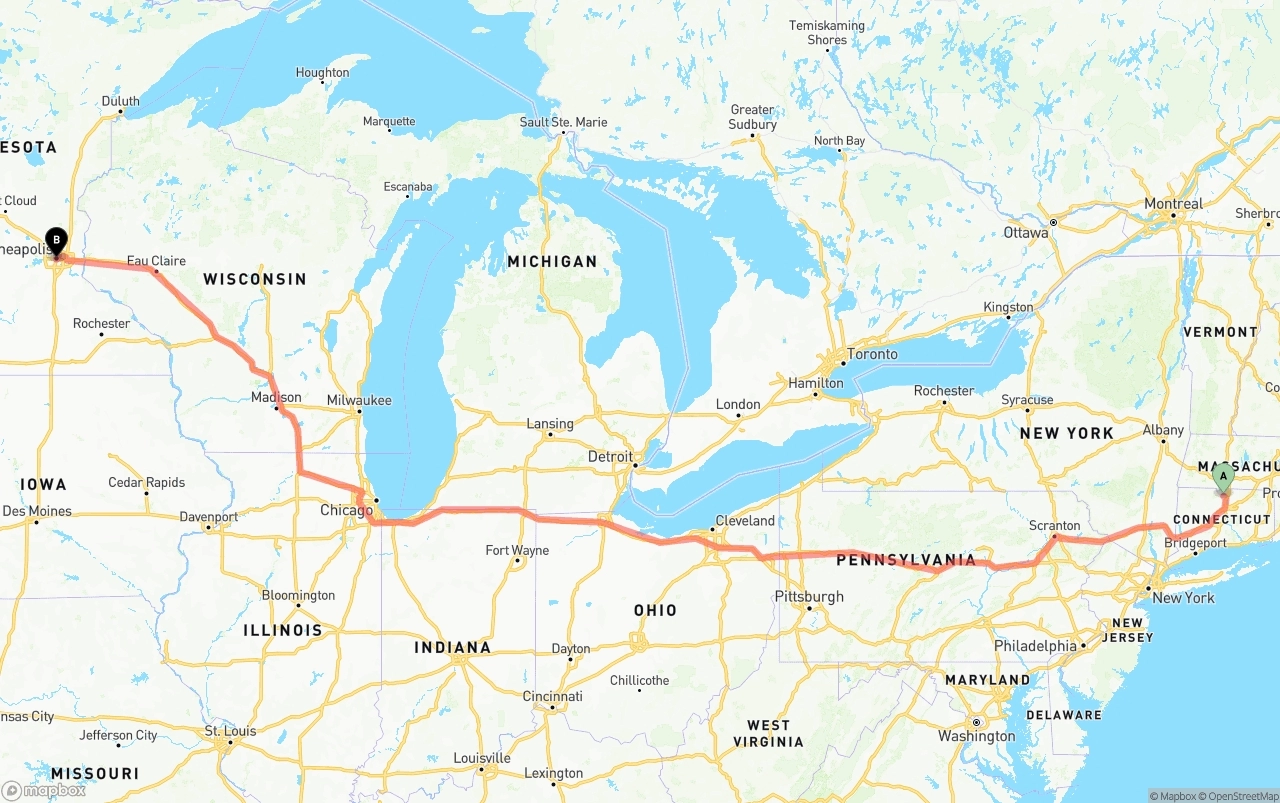 Shipping route from Bradley International Airport to Minneapolis