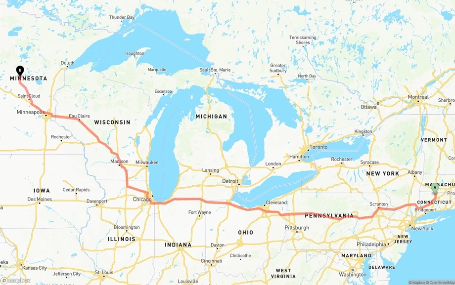 Bradley International Airport to Minnesota freight shipping route map