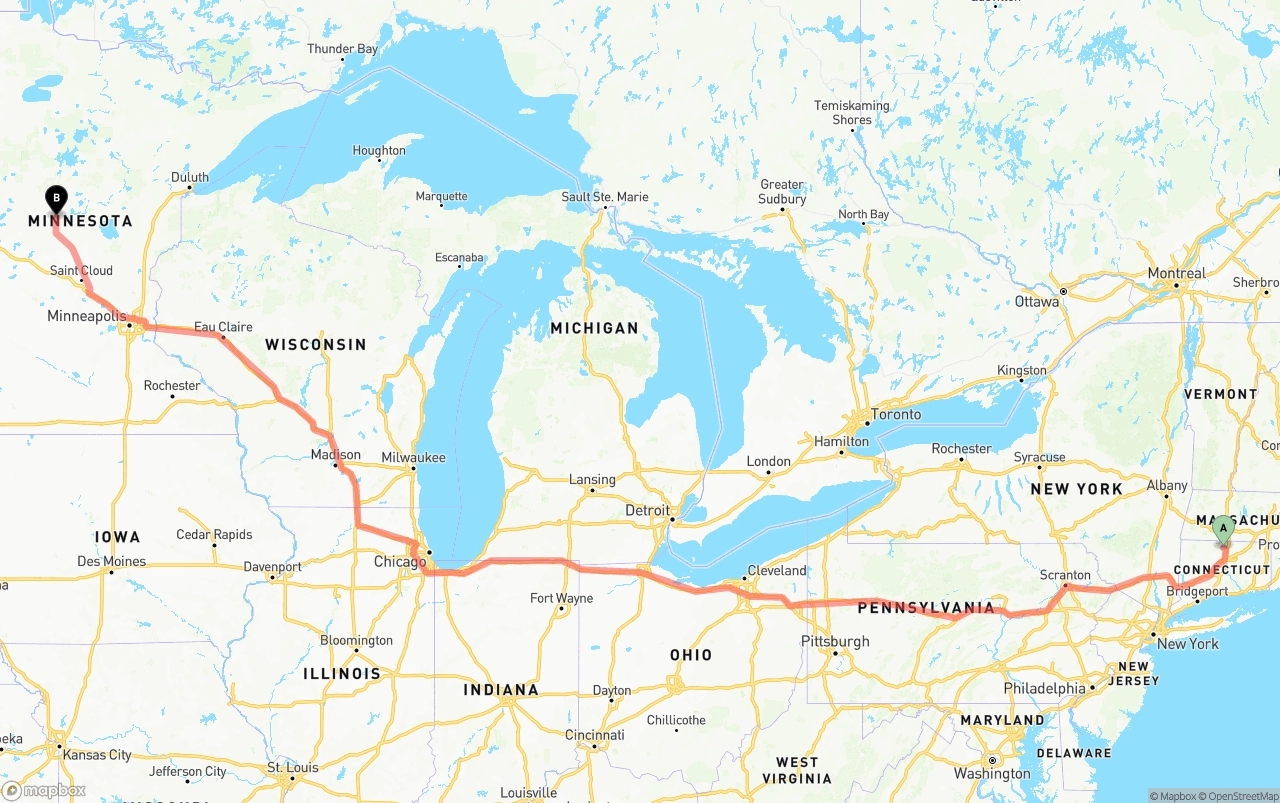 Shipping route from Bradley International Airport to Minnesota