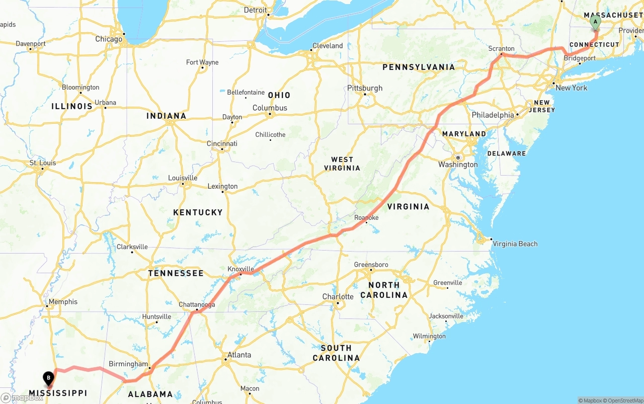 Shipping route from Bradley International Airport to Mississippi
