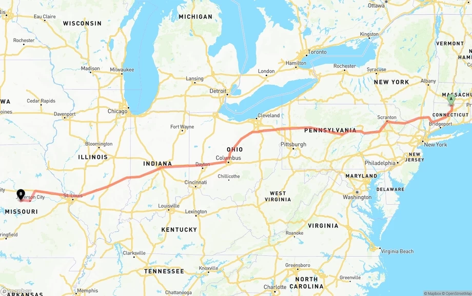 Bradley International Airport to Missouri freight shipping route map