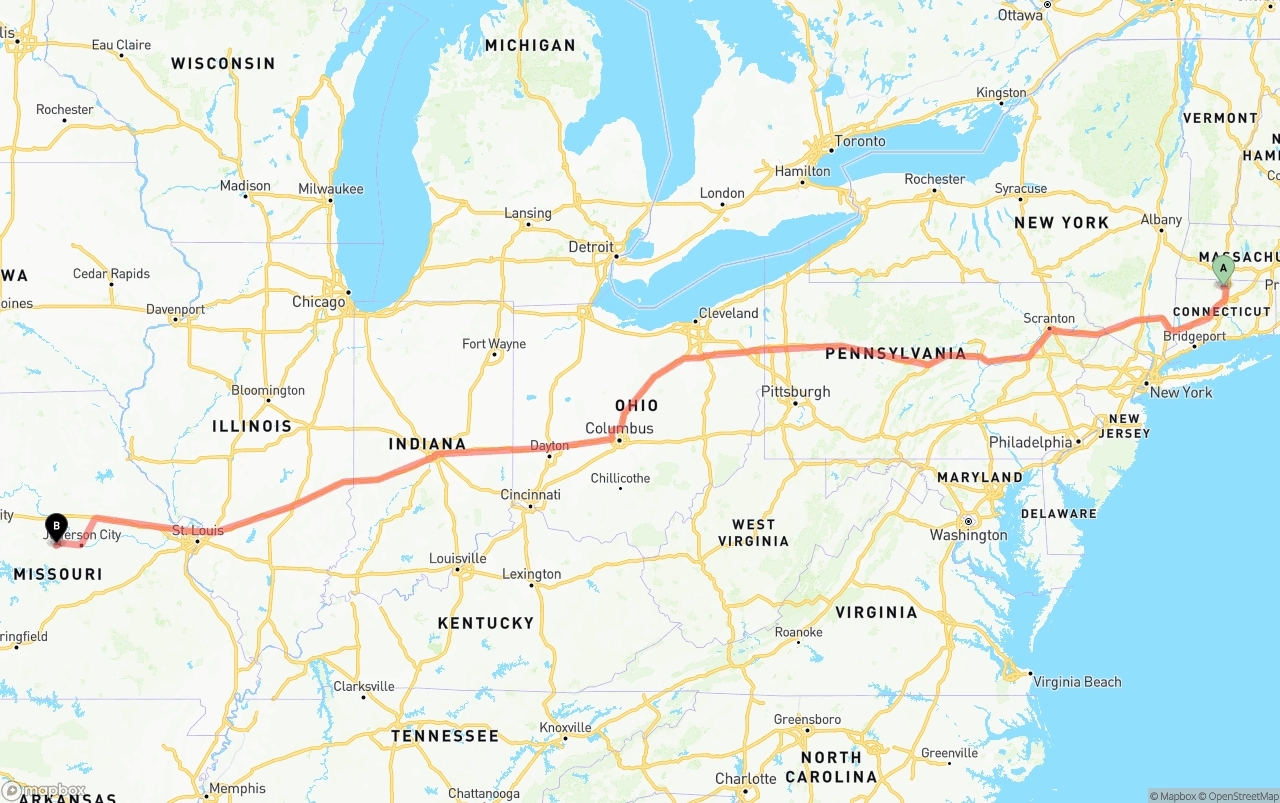Shipping route from Bradley International Airport to Missouri