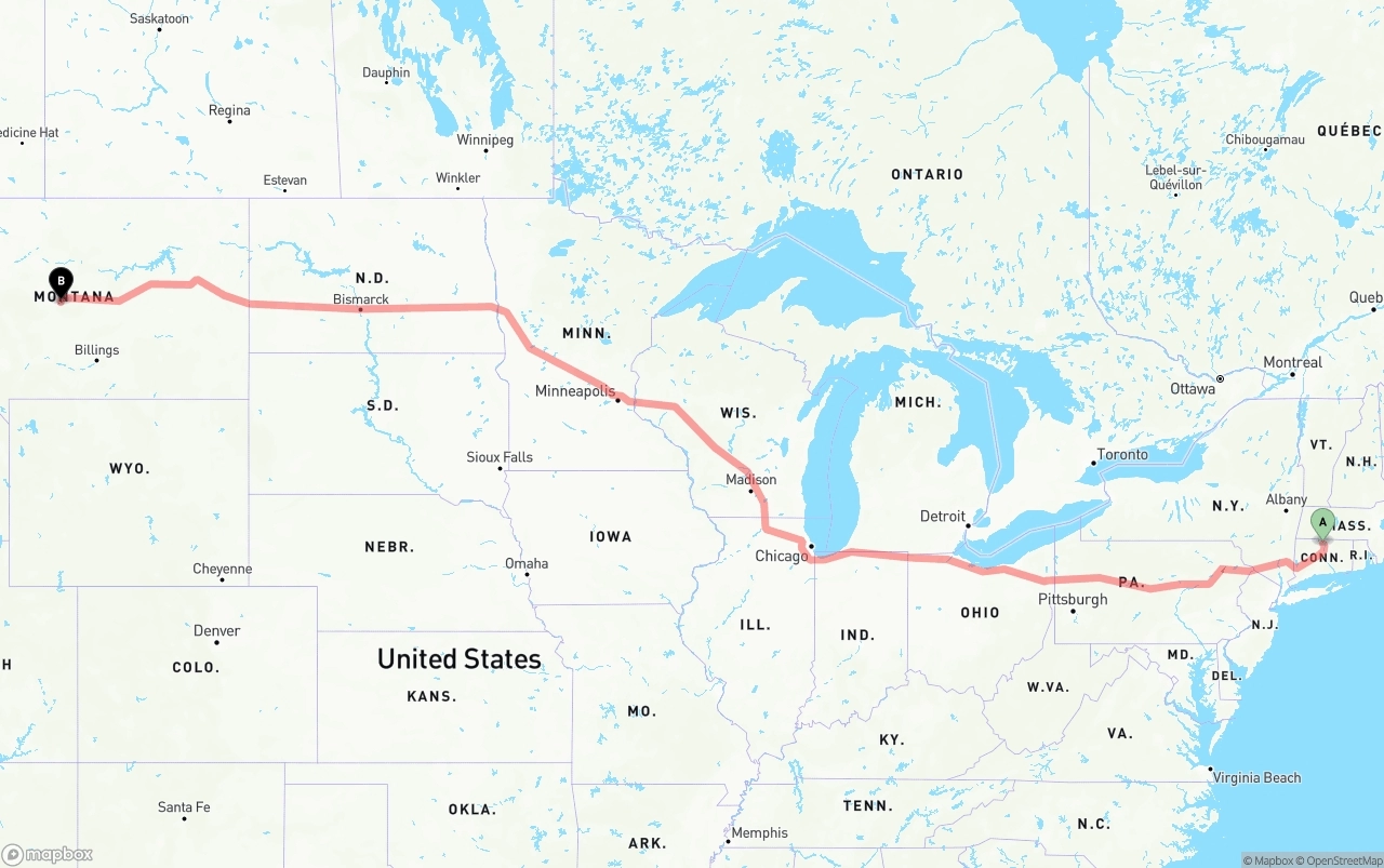 Shipping route from Bradley International Airport to Montana