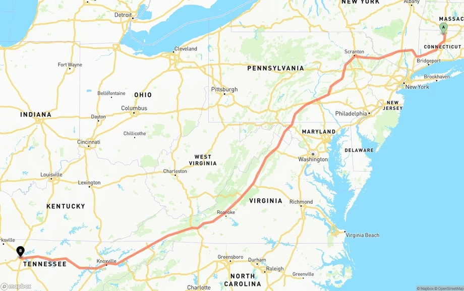 Bradley International Airport to Nashville freight shipping route map