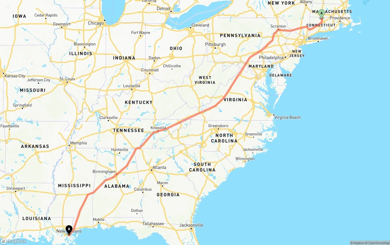 Shipping route from Bradley International Airport to New Orleans
