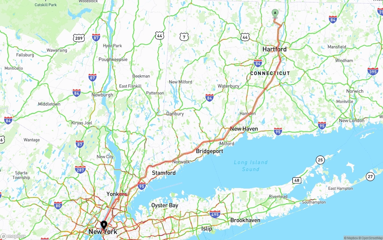 Shipping route from Bradley International Airport to New York City
