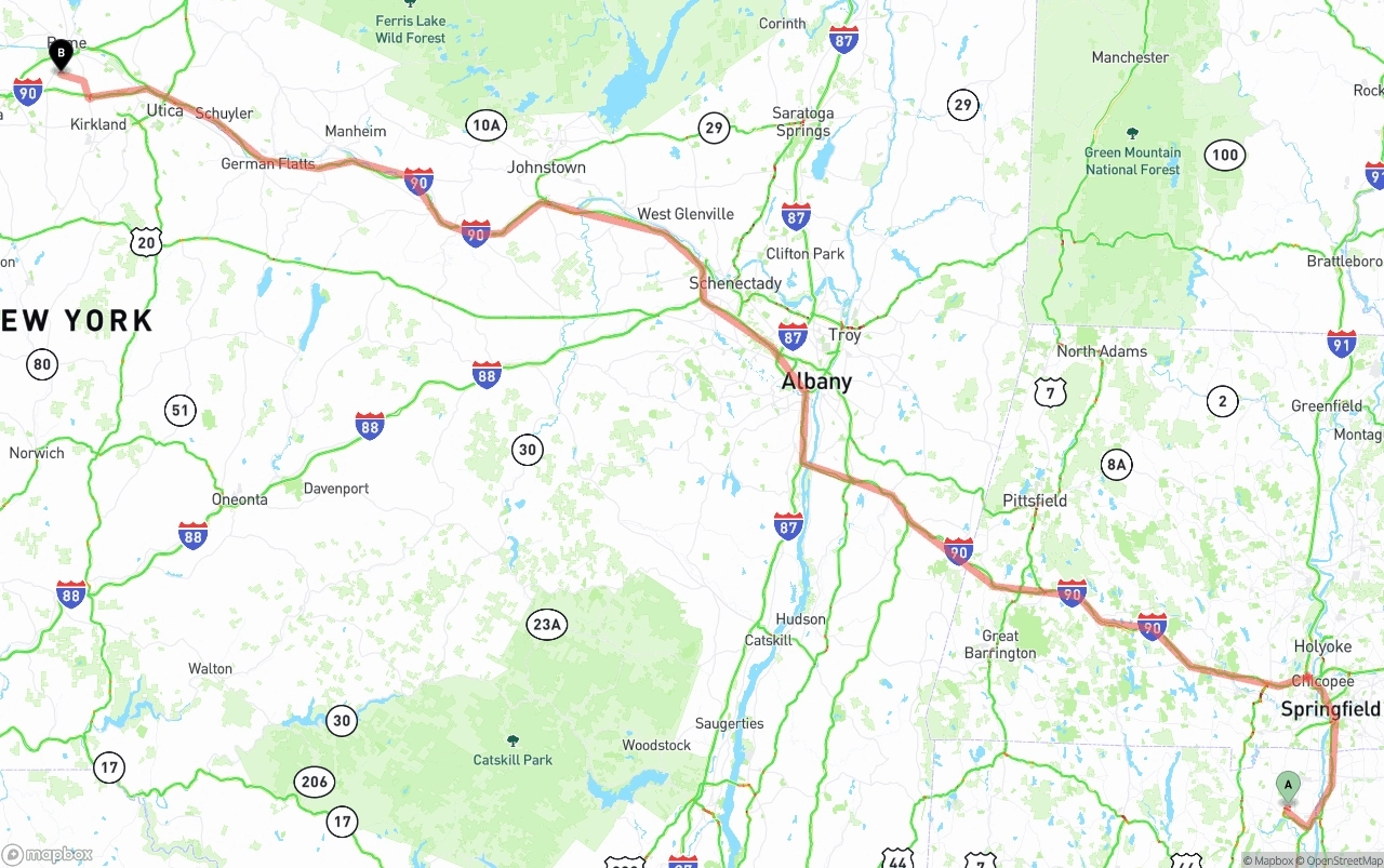 Shipping route from Bradley International Airport to New York