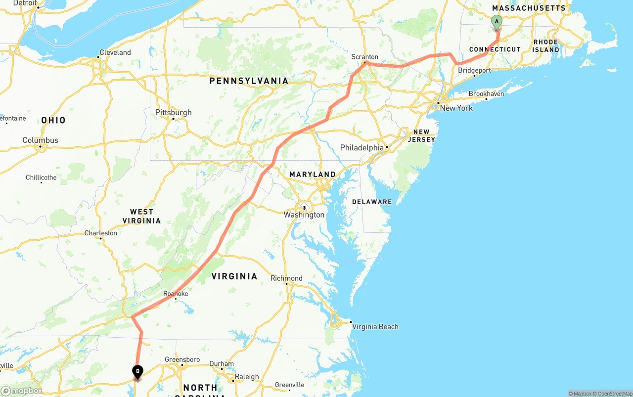 Shipping route from Bradley International Airport to North Carolina