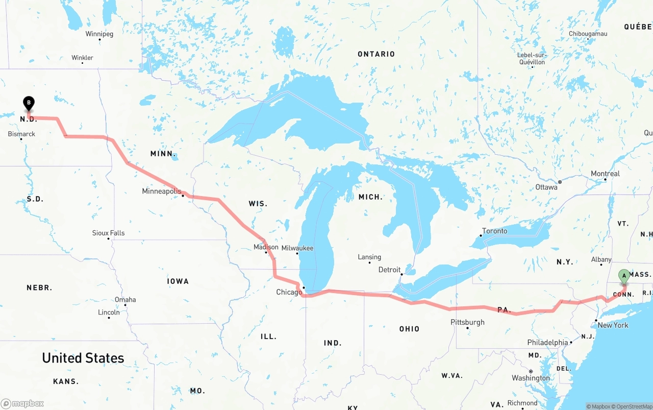 Shipping route from Bradley International Airport to North Dakota