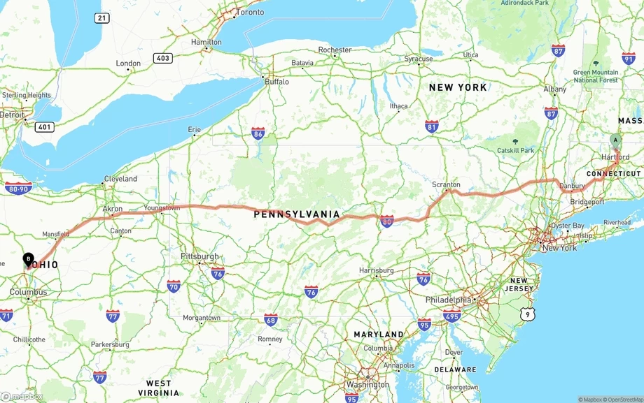 Bradley International Airport to Ohio freight shipping route map