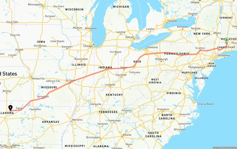 Bradley International Airport to Oklahoma freight shipping route map