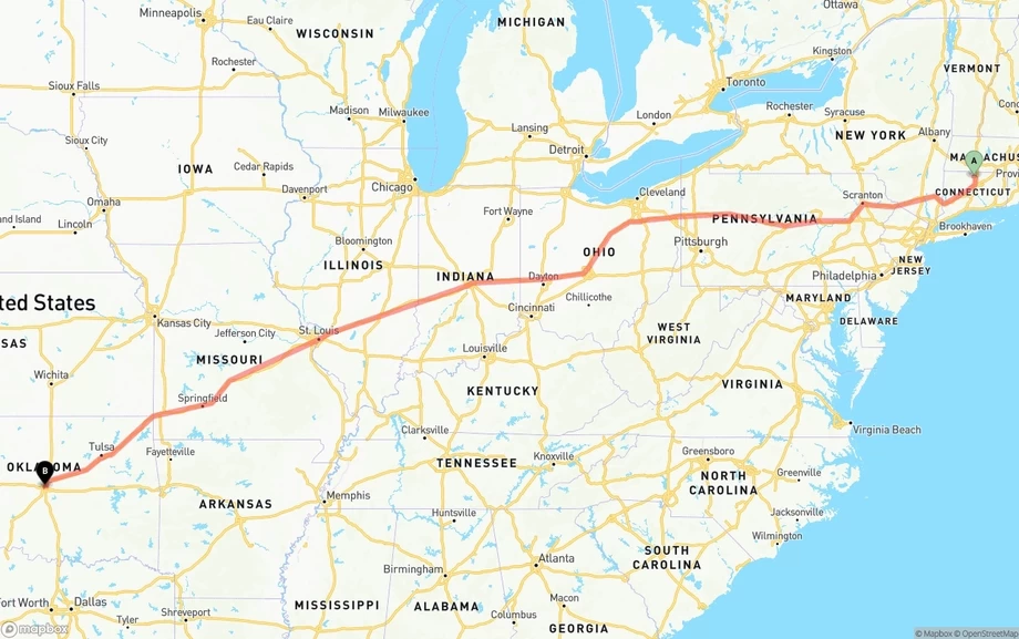 Bradley International Airport to Oklahoma City freight shipping route map