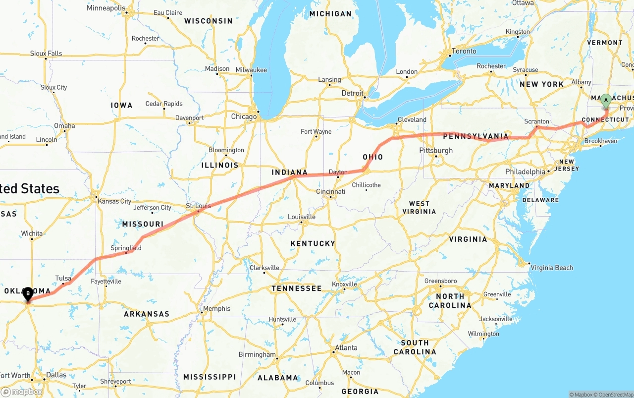 Shipping route from Bradley International Airport to Oklahoma City