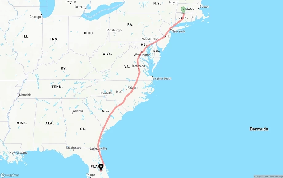 Bradley International Airport to Orlando freight shipping route map