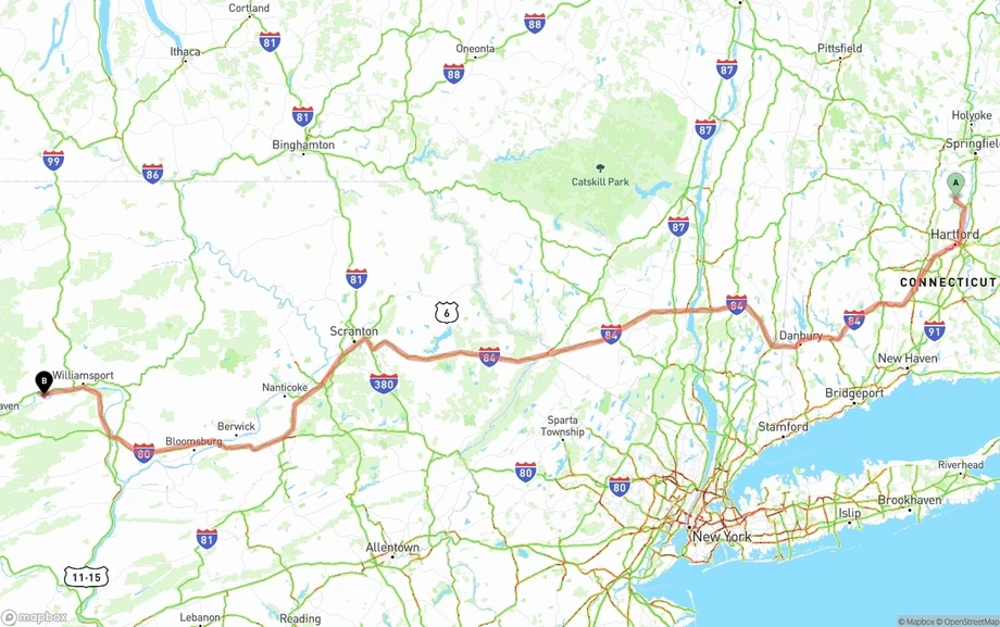 Bradley International Airport to Pennsylvania freight shipping route map