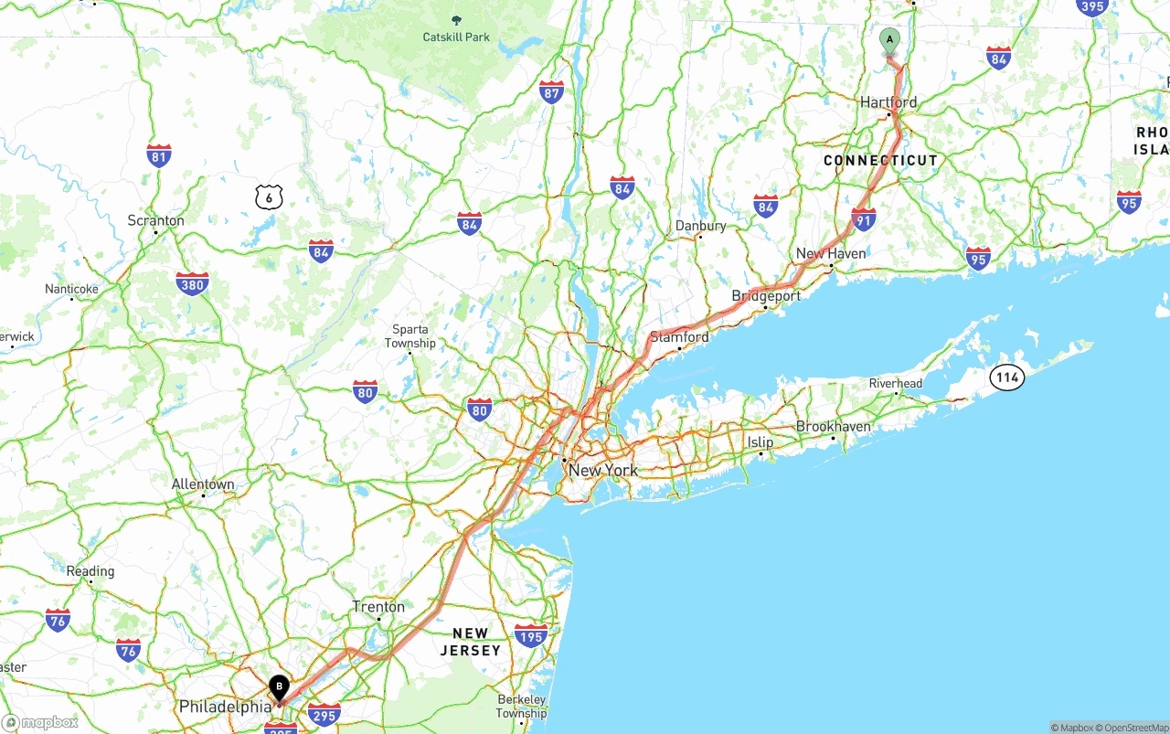 Shipping route from Bradley International Airport to Philadelphia