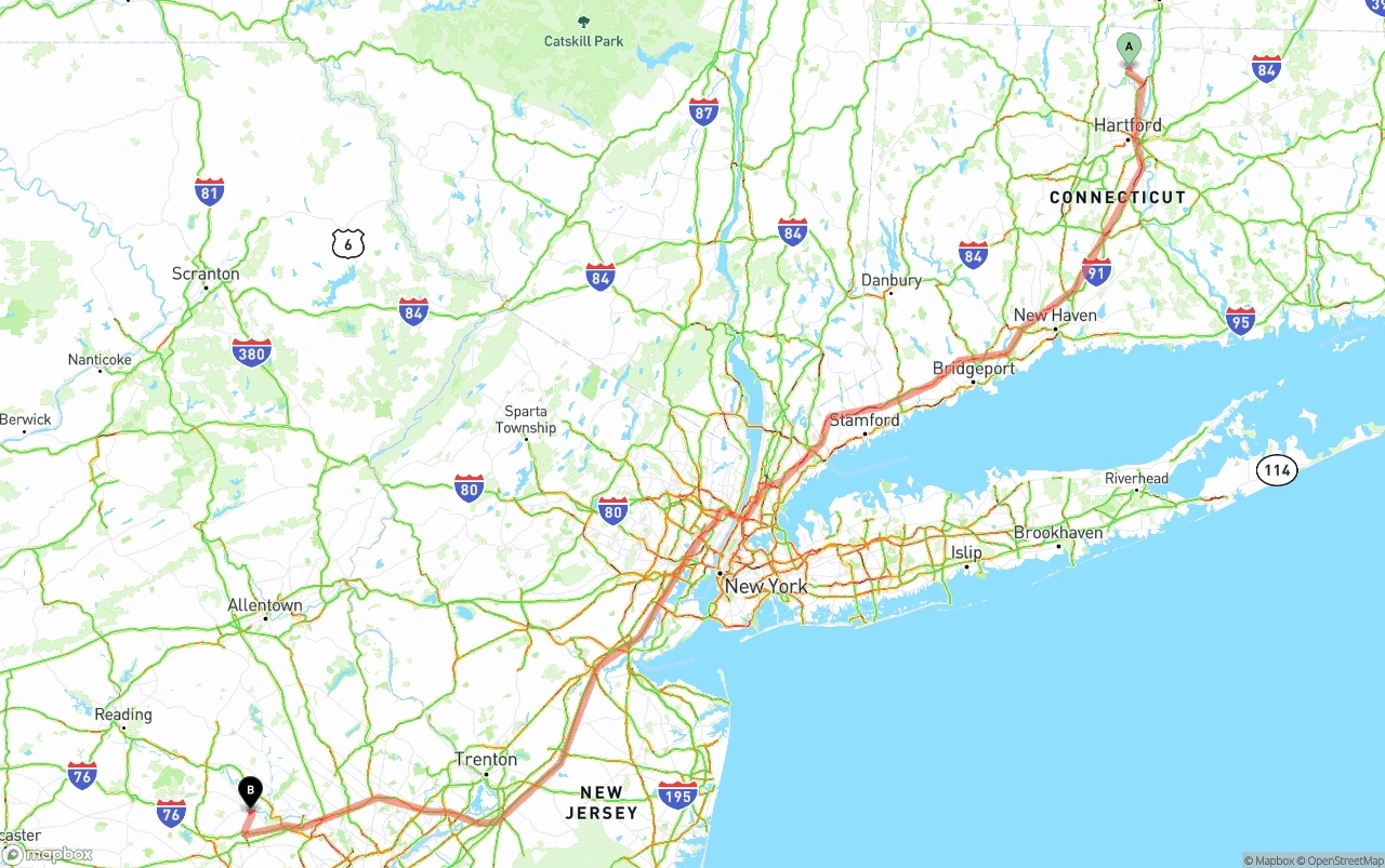 Shipping route from Bradley International Airport to Phoenix