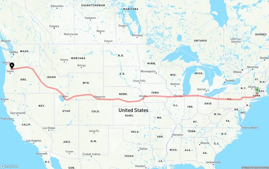 Bradley International Airport to Portland freight shipping route map