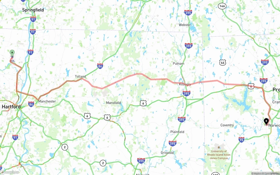 Bradley International Airport to Rhode Island freight shipping route map