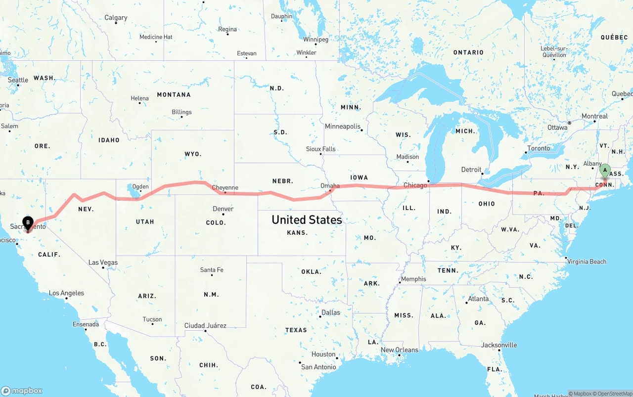 Shipping route from Bradley International Airport to Sacramento