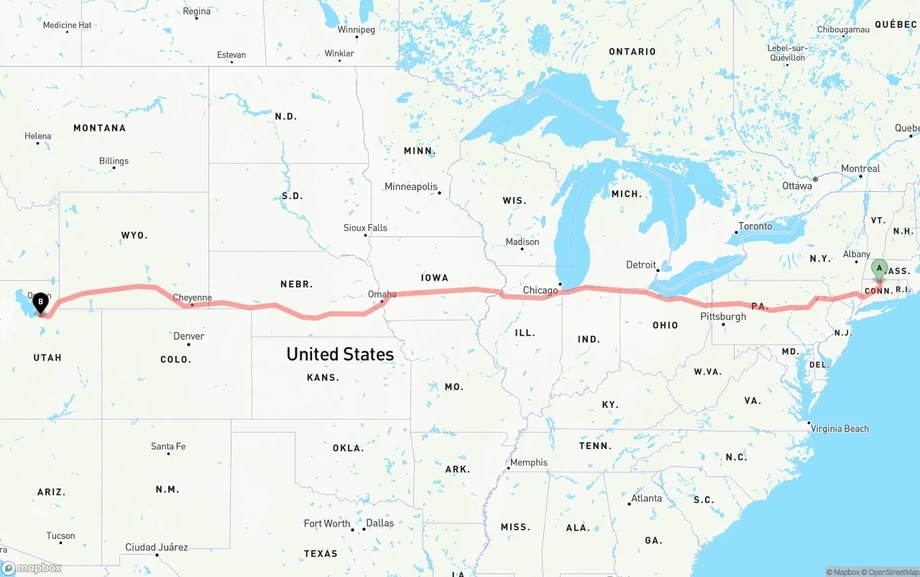 Bradley International Airport to Salt Lake City freight shipping route map