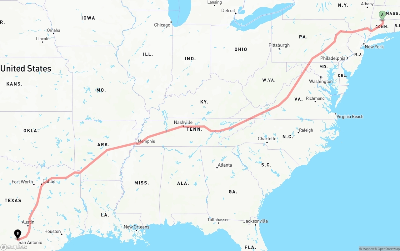 Shipping route from Bradley International Airport to San Antonio