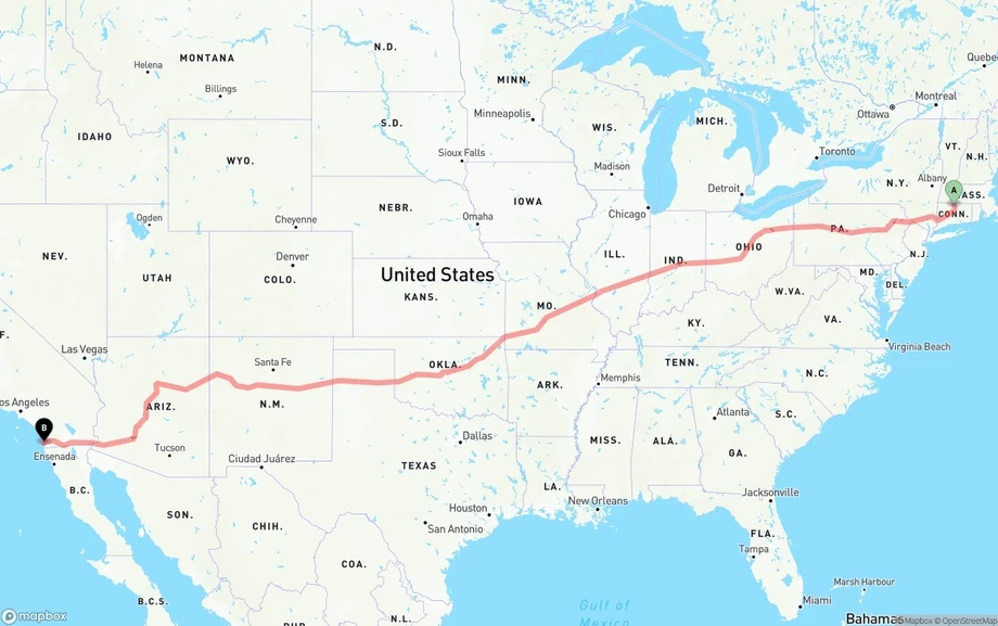 Bradley International Airport to San Diego freight shipping route map