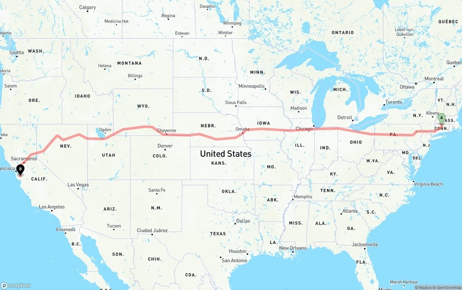 Bradley International Airport to San Jose freight shipping route map
