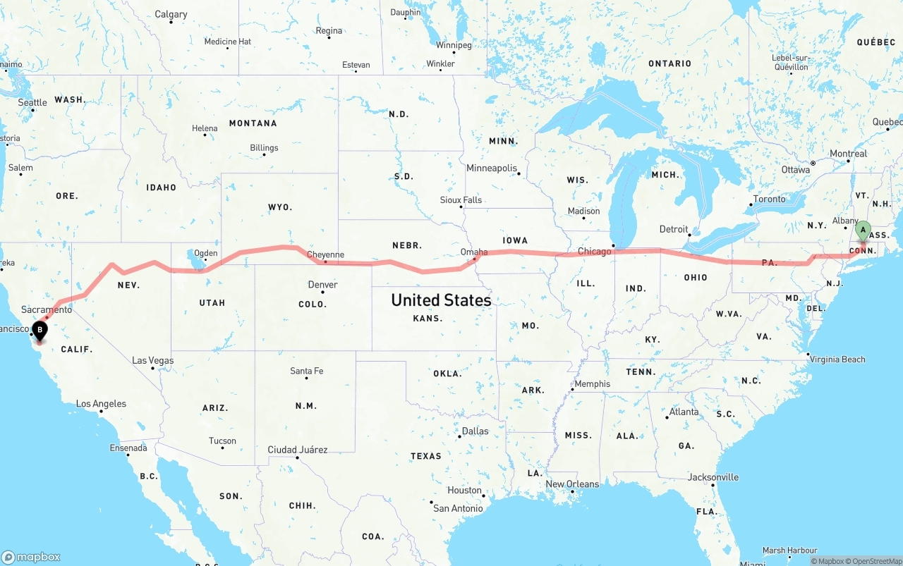Shipping route from Bradley International Airport to San Jose