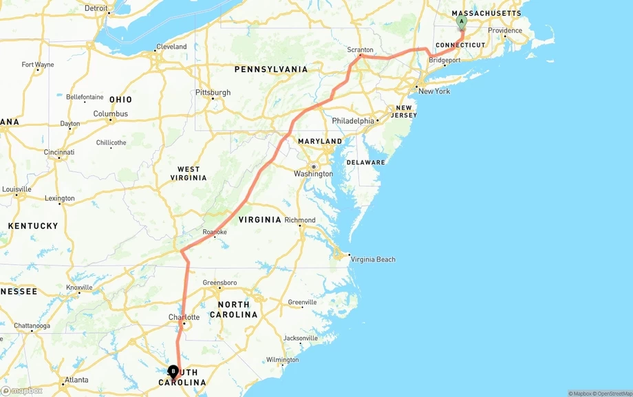 Bradley International Airport to South Carolina freight shipping route map